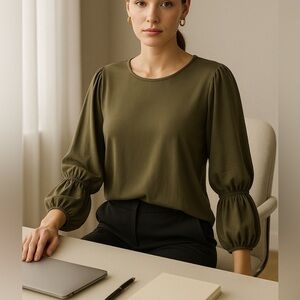 Calvin Klein Olive Bubble Sleeve Top | Office Workwear Quiet Luxury Blouse